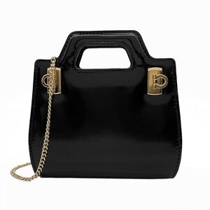 Salvatore Ferragamo Black Patent Leather Top-Handle mini Bag with Gold Chain